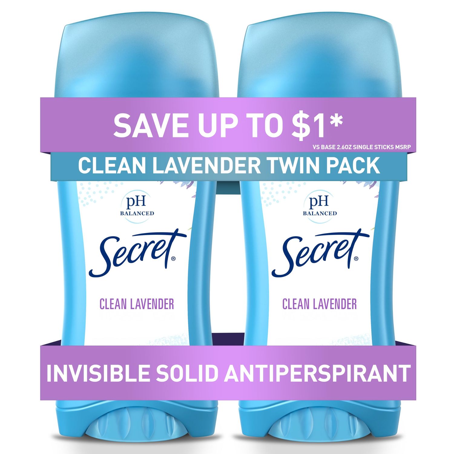 Secret Antiperspirant and Deodorant for Women, 24hr Sweat &amp; Odor Protection, PH Balanced Protection, Gentle on Skin, Invisible Solid, Clean Lavender Scent, 2.6 oz (Pack of 2)