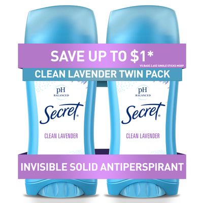 Secret Antiperspirant and Deodorant for Women, 24hr Sweat &amp; Odor Protection, PH Balanced Protection, Gentle on Skin, Invisible Solid, Clean Lavender Scent, 2.6 oz (Pack of 2)