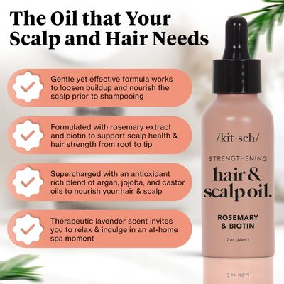 Kitsch Rosemary Oil for Healthy Scalp, Pre Wash Scalp &amp; Hair Oil Infused with Biotin, Hair Strengthening Treatment, Nourishing &amp; Volumizing in Recycled Bottle, 60 mL