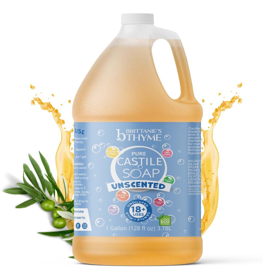 Brittanie&#39;s Pure Organic Castile Liquid Olive Oil Soap Refill, 1 Gallon | Face, Body Wash, Dishes, Pets &amp; Laundry | Vegan &amp; Gluten Free Non-GMO