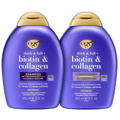 OGX Thick &amp; Full  Biotin &amp; Collagen Shampoo &amp; Conditioner Set, (packaging may vary), Purple, 13 Fl Oz (Pack of 2)