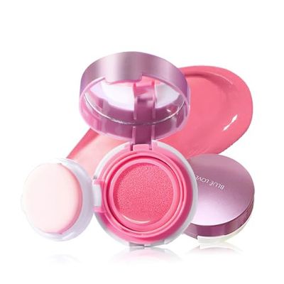 BLUE LOVE Cushion Liquid Blush for Cheeks with Mirror, Natural and Elegant Face Makeup Blush Cream, Silky Face Blushes Cheek Tint, Contour &amp; Highlight Face for Sheer Finish(Pink Peony)