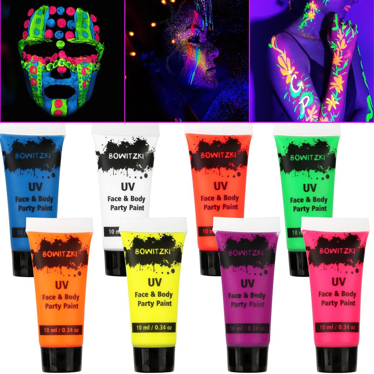Bowitzki UV Neon Face Body Paint 8 Tubes 0.34oz Liquid Kit Black Light Glow in The Dark Makeup Set Fluorescent Painting for Adults Kids Music Festivals Party Halloween Christmas