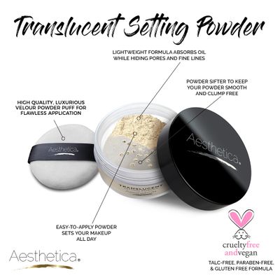 Aesthetica Translucent Setting Powder - Matte Finishing Makeup Loose Setting Powder - Flash Friendly Translucent Powder Foundation - Loose Face Powder Includes Velour Puff