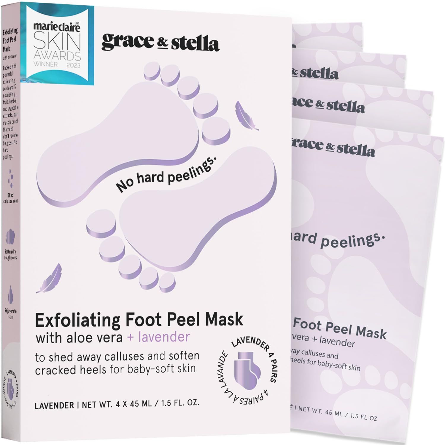 grace &amp; stella Award-Winning Foot Peel Mask - Foot Peeling Mask with Aloe Vera - Moisturizing Foot Mask for Dry Cracked Feet - Foot Exfoliator for Baby Soft Feet (4 Pairs, Lavender)