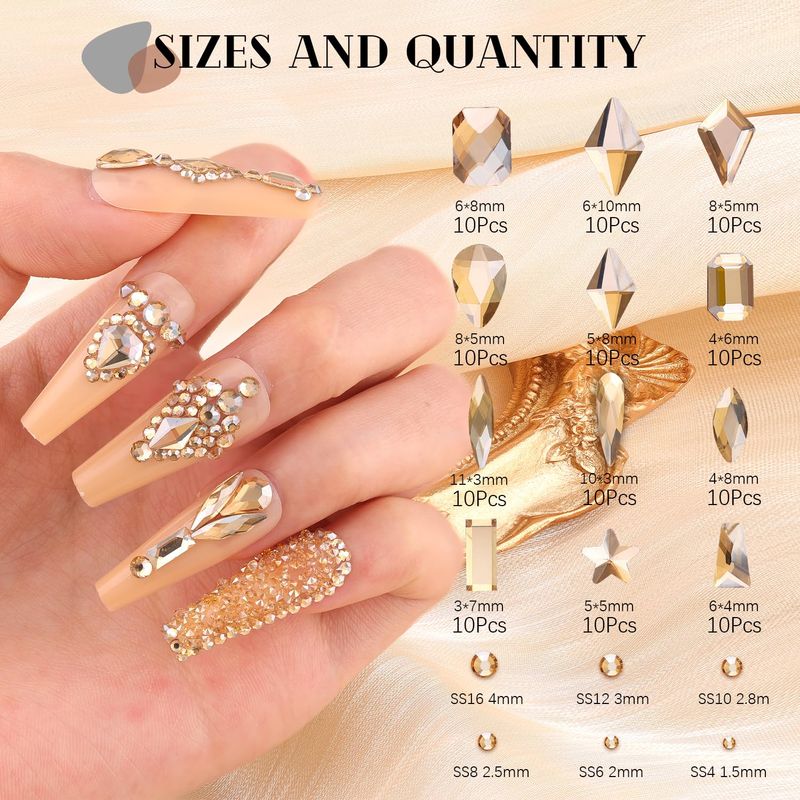 3220Pcs Champagne Gold Glass Nail Rhinestones 120Pcs Multi Shapes Flatback Nail Gems 3100Pcs 1.5-4mm Round Crystal, Manicure Nail Charms Diamond Gemstones for Nail Design Acrylic Nails Decoration