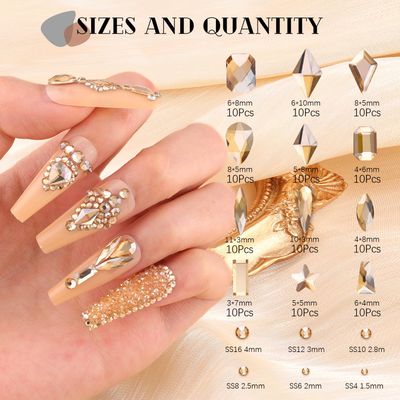 3220Pcs Champagne Gold Glass Nail Rhinestones 120Pcs Multi Shapes Flatback Nail Gems 3100Pcs 1.5-4mm Round Crystal, Manicure Nail Charms Diamond Gemstones for Nail Design Acrylic Nails Decoration