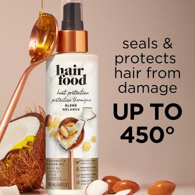 Hair Food Coconut &amp; Argan Oil Heat Protectant Leave-In Spray for All Hair Types, 450F Heat Protection, Sulfate-Free, Paraben-Free, Dye-Free, Alcohol-Free, Adds Shine, 6.4 Fl Oz