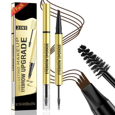 Microblading Eyebrow Pen - 2-in-1 Dual-Ended Waterproof Eye Brow Pen with 4-Fork-Tip Brow Pen and Precise Brush Create Natural Looking Defined Eyebrows Last All Day