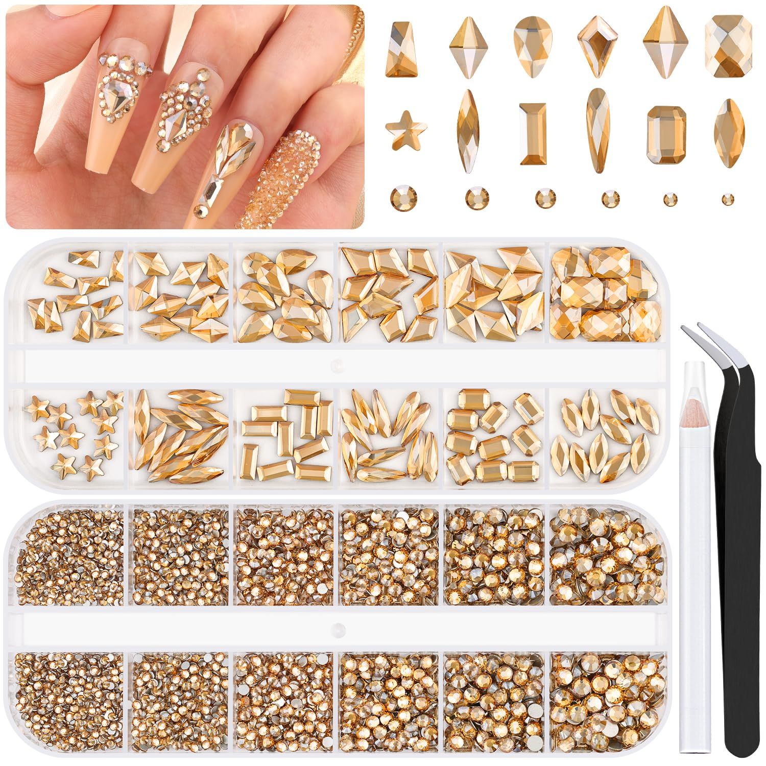 3220Pcs Champagne Gold Glass Nail Rhinestones 120Pcs Multi Shapes Flatback Nail Gems 3100Pcs 1.5-4mm Round Crystal, Manicure Nail Charms Diamond Gemstones for Nail Design Acrylic Nails Decoration
