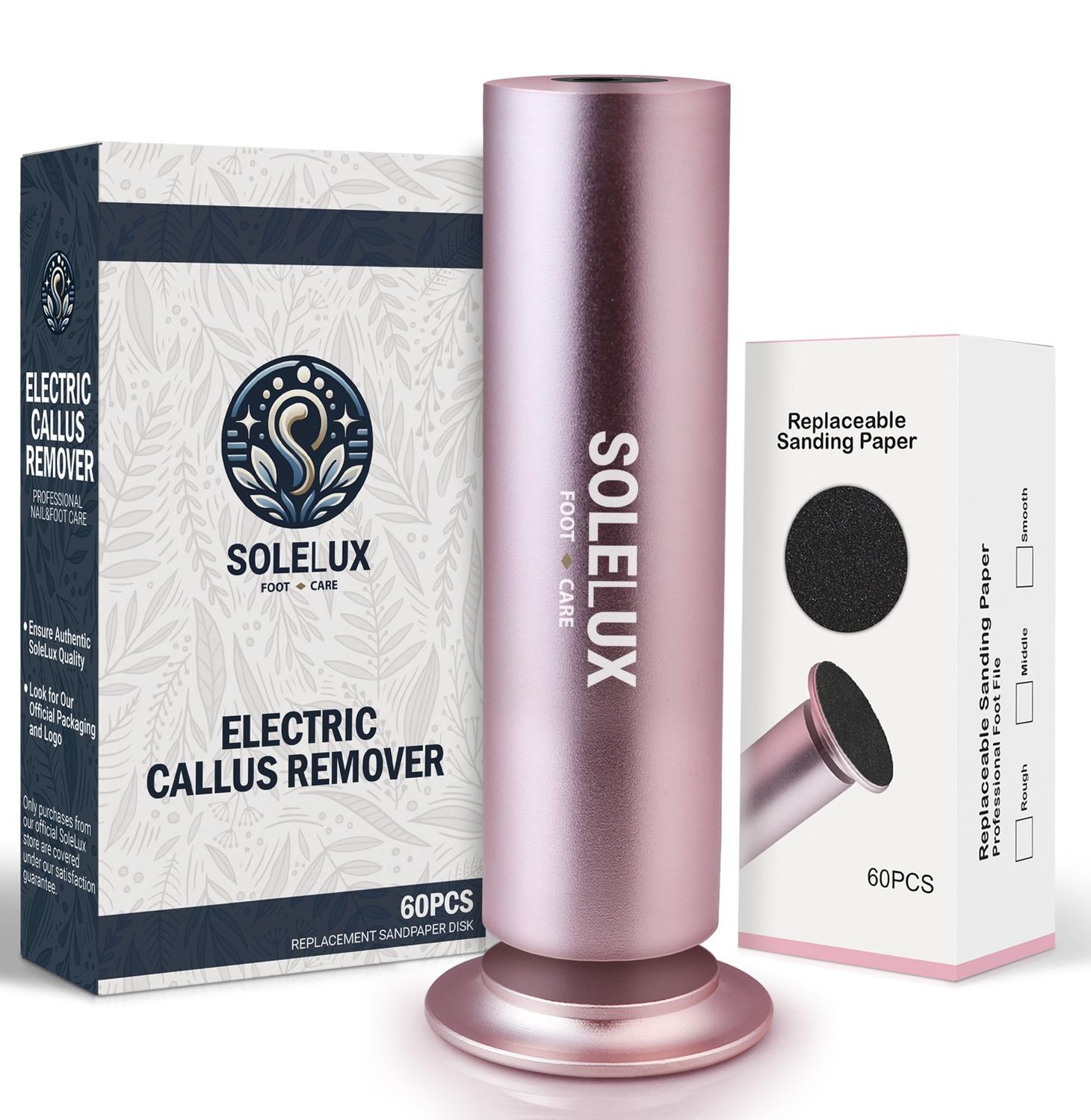 SoleLux Electric Foot File - Callus Remover with Adjustable Speed, 60 Sanding Pads, and Professional Dead Skin Exfoliation for Hard, Cracked, Dry Feet - at-Home Pedicure Spa Tool for Men Women