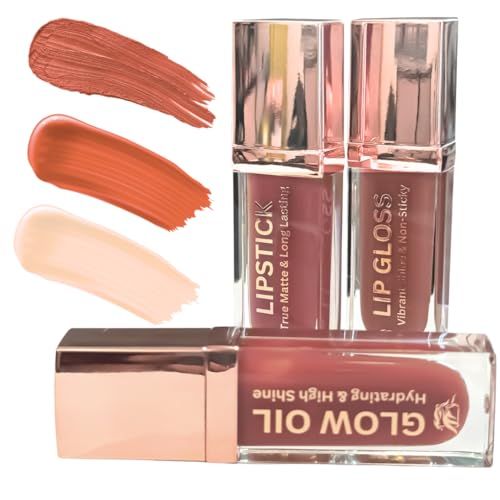 Phoenix Beauty Lip Trio Smudge-Proof Long Stay Matte Lipstick, Vibrant Lip Gloss &amp; Hydrating Lip Oil Jojoba Oil Vitamin E Holiday Gift Premium Lip Care &amp; Color Set Warm Nude (Peach Sorbet)
