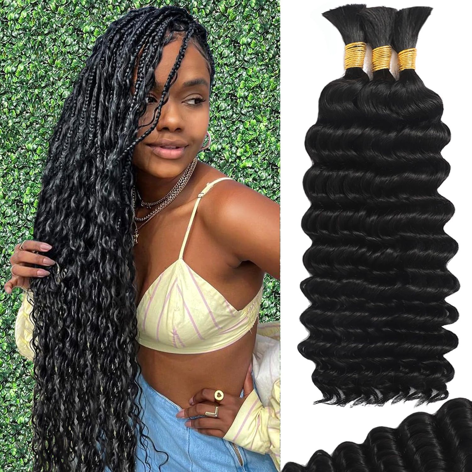 Human Braiding Hair for Boho Braids Human Hair Braiding Hair 110g 20 Inch Curly Boho Hair for Braiding Knotless 12A Deep Wave Bulk Human Hair for Braiding Bohemian 3 BundlesPack Natural Color