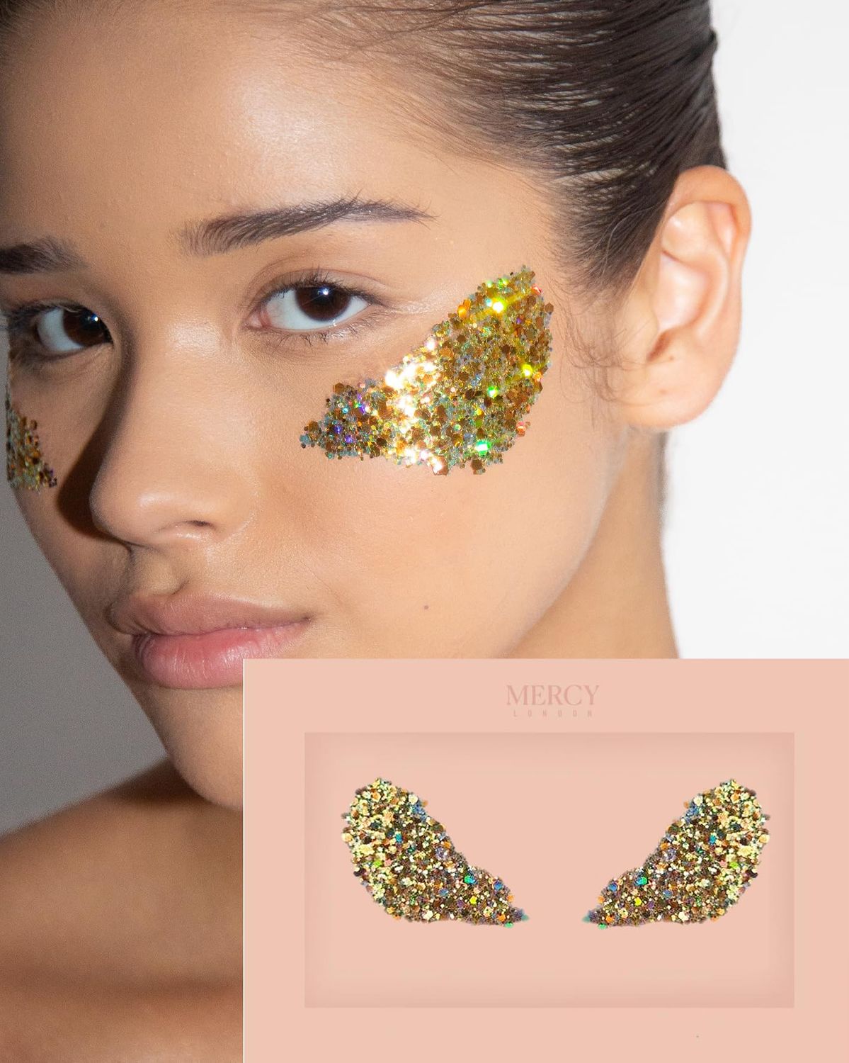 MERCY LONDON Glitter Cheeks Sticker in Gold. Easy Application glitter sticker. For face and body.
