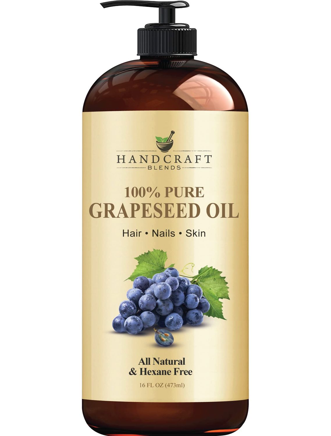 Handcraft Blends Grapeseed Oil - 16 Fl Oz - 100% Pure and Natural - Premium Grade Oil for Skin and Hair - Carrier Oil - Hair and Body Oil - Massage Oil - Cold-Pressed and Hexane-Free