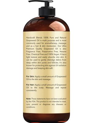 Handcraft Blends Grapeseed Oil - 16 Fl Oz - 100% Pure and Natural - Premium Grade Oil for Skin and Hair - Carrier Oil - Hair and Body Oil - Massage Oil - Cold-Pressed and Hexane-Free