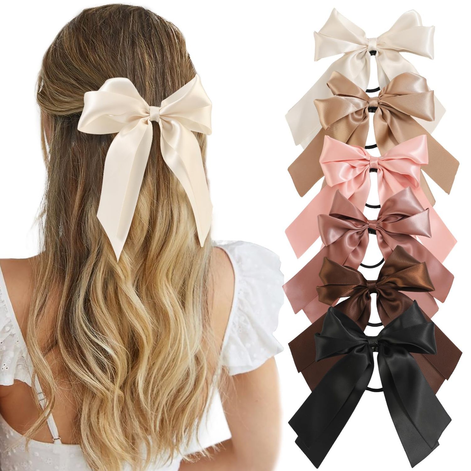 Yougeigy 6PCS Bow Hair Ties, Satin Hair Ribbon, Ribbon Hair Bows for Women Girls, Elastics Hair Scrunchies for Thick Thin Hair, Bows Hair Accessories for Christmas