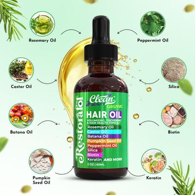 Clean Beauty Rosemary Hair Oil For Growth with Castor Oil, Batana Oil, Pumpkin Seed Oil, Peppermint Oil, Silica, Biotin, Collagen, Keratin, Saw Palmetto, Horsetail, Tea Tree, Vit E, Aloe Vera, Jojoba