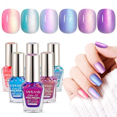 SAVILAND 6pcs Ombre Nail Polish Sets Charm Pink Blue Gold Purple Ombre Summer Fingernail Polish Colors Air Quick Dry Nail Polish Plant-base Castor Oil Natural Nail Polis Kit Women Home Manicure DIY