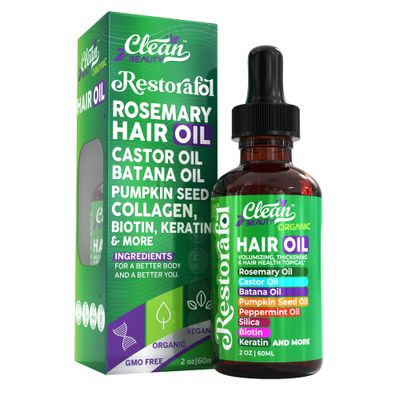 Clean Beauty Rosemary Hair Oil For Growth with Castor Oil, Batana Oil, Pumpkin Seed Oil, Peppermint Oil, Silica, Biotin, Collagen, Keratin, Saw Palmetto, Horsetail, Tea Tree, Vit E, Aloe Vera, Jojoba