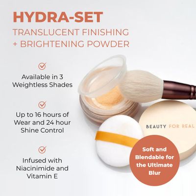 Beauty For Real Hydra-Set Translucent Finishing  Brightening Powder, Brighten - Invisible, Weightless Finish - 16-Hour Wear &amp; 24-Hour Shine Control - With Niacinamide &amp; Vitamin E - Talc Free
