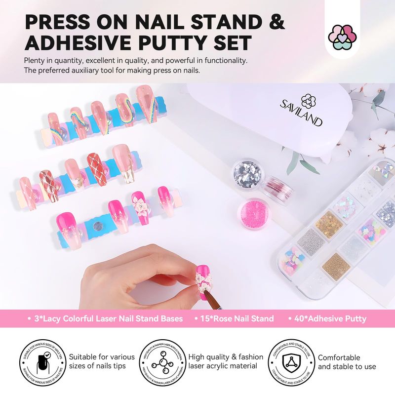 Saviland Nail Stand for Press ons 15pcs Strong Magnetic Aurora Nail Holder For Painting Nails With Nail Stand 40 Pcs Reusable Sticky Putty For Nails Practice Acrylic Nail Tools Home Beginner Supplies
