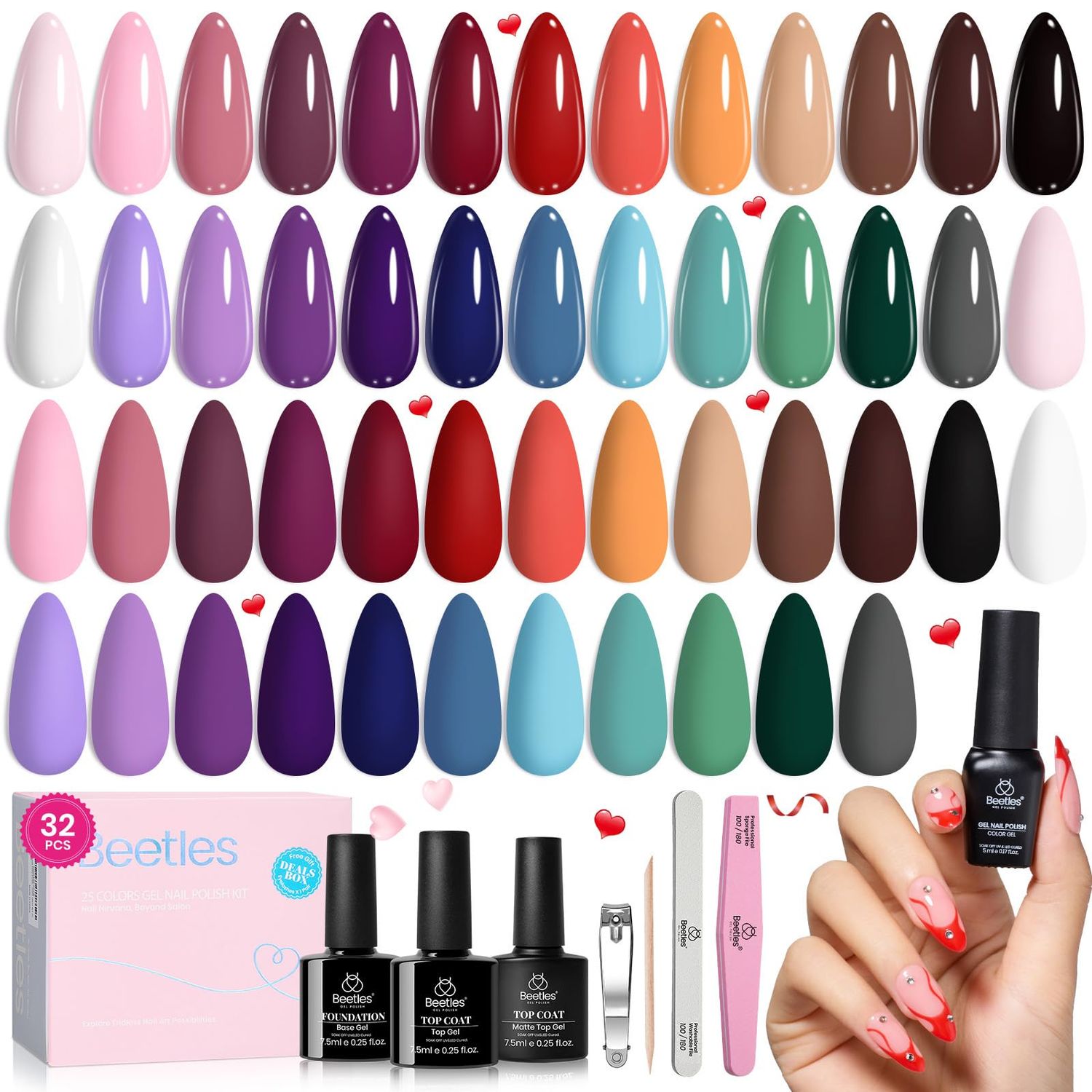 beetles Gel Polish 25 Colors Spring Summer Gel Nail Polish Set Pink Gel Nail Red Nude Brown Purple Burgundy Nail Art with 3Pcs Base Top Coat Urban Rhythm Collection DIY Salon Manicure Gift for Women