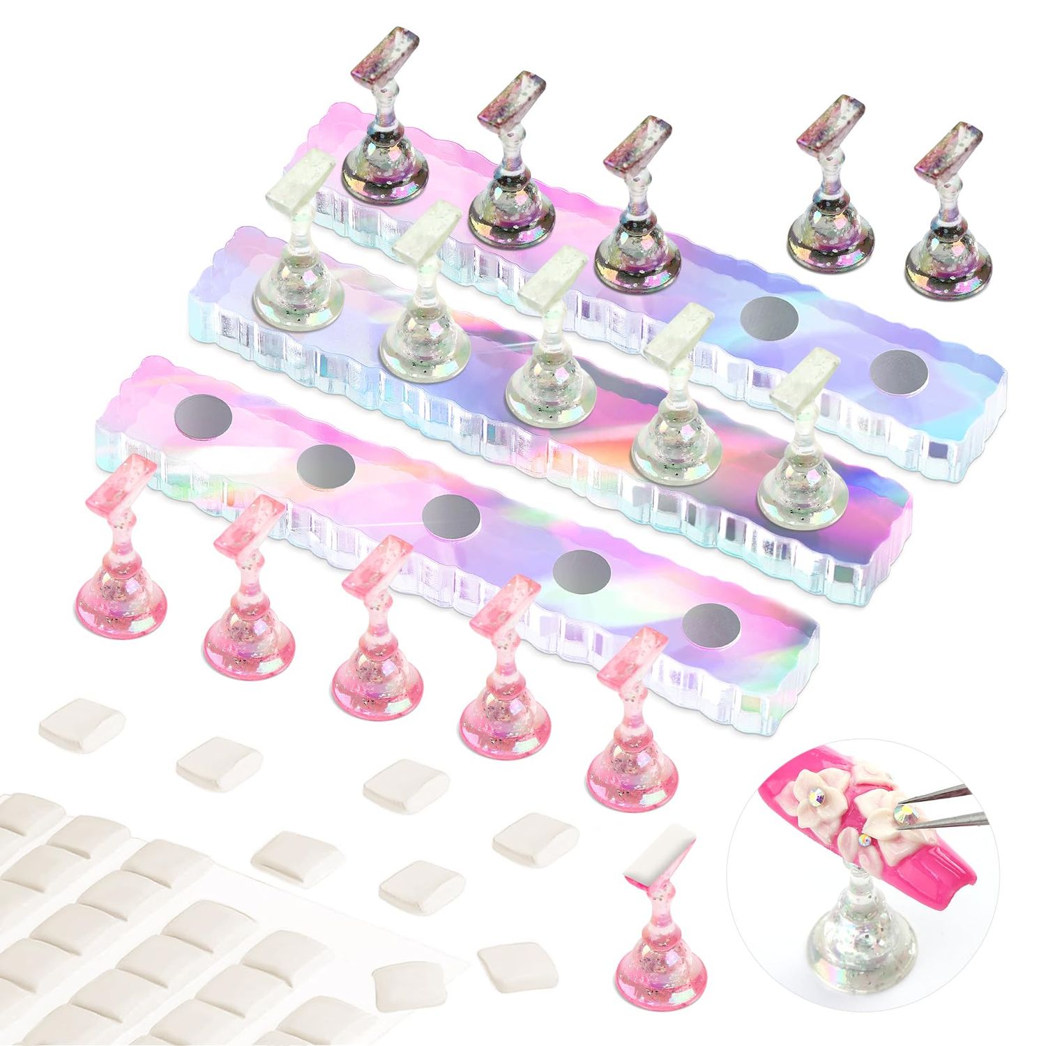 Saviland Nail Stand for Press ons 15pcs Strong Magnetic Aurora Nail Holder For Painting Nails With Nail Stand 40 Pcs Reusable Sticky Putty For Nails Practice Acrylic Nail Tools Home Beginner Supplies