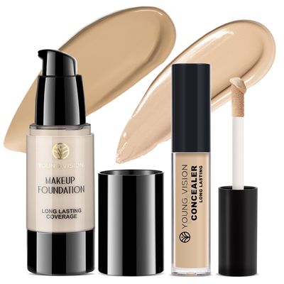 YOUNG VISION Full Coverage Liquid Foundation and Concealer Duo - Long-Wear, Lightweight, Non-Comedogenic, Hydrating, Oil-Free, Waterproof, Skin-Like Finish for All Skin Types