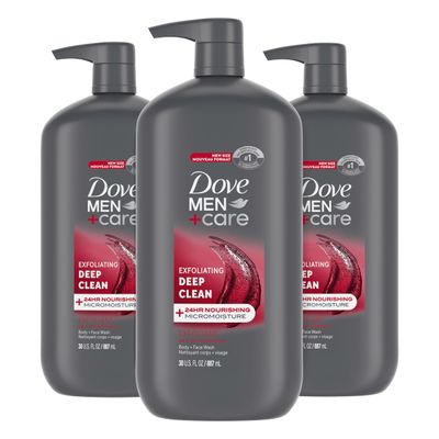 DOVE MEN  CARE Body and Face Wash Exfoliating Deep Clean 3 Count for Men, with 24-Hour Nourishing Micromoisture Technology Body Wash, 30 oz