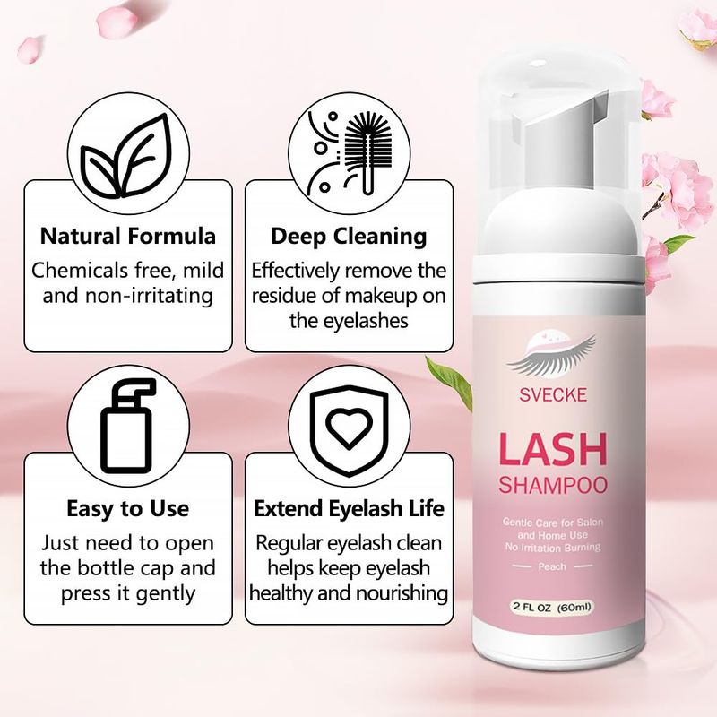 SVECKE Lash Shampoo Kit for Eyelash Extension, Eyelash Shampoo 2 fl.oz  60ml, Eyelash Extension Cleanser, Lash Eyelid Foam Cleaning Kit for Salon Use and Home Use (Peach)
