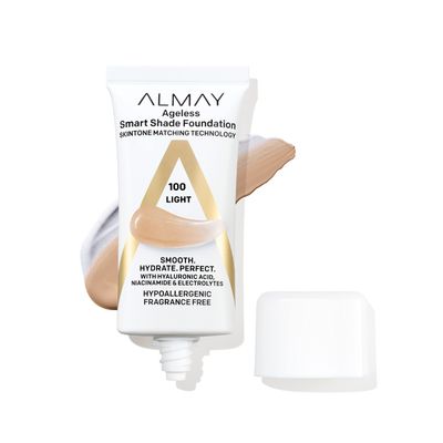 Almay Anti-Aging Foundation, Smart Shade Face Makeup with Hyaluronic Acid, Niacinamide, Vitamin C &amp; E, Hypoallergenic-Fragrance Free, 100 Light, 1 Fl Oz (Pack of 1)