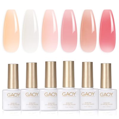 GAOY Milky White x Jelly Nude Gel Nail Polish Set, 6 Transparent Colors Sheer Pink Orange Soak Off UV Light Cure Gel Polish Kit for Salon and Nail Art DIY at Home