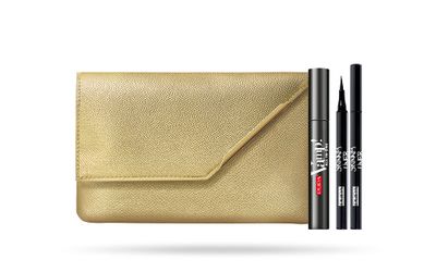 PUPA Milano Vamp! All In One And Skinny Liner Set - Volume Mascara And Ultra-Slim Eyeliner Pen - Naturally Formulated To Lengthen And Strengthen Lashes - Beautiful Gold Handbag - 3 Pc Mascara Kit