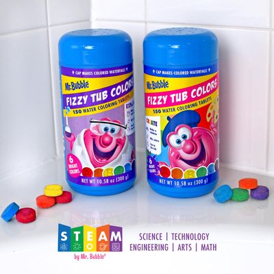 Mr. Bubble Fizzy Tub Colors Bath Water Coloring Tabelets, 6 Bright Colors, Red, Orange, Yellow, Purple, Blue and Green, Fragrance Free, Cap Makes Colorful Waterfall (3 Jars, 150 Tablets Each)