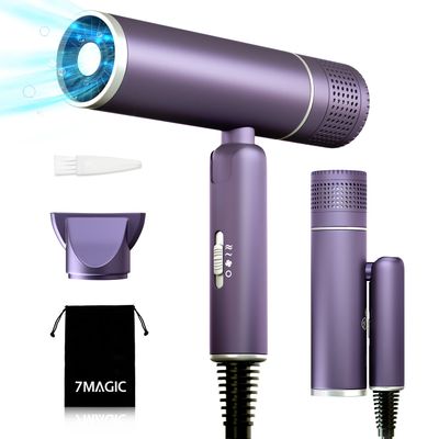 7MAGIC Foldable Hair Dryer, Powerful Ionic Blow Dryer for Fast Drying, Travel Hair Blow Dryer with Storage Bag, Lightweight Portable Hairdryer for Women, Cold2 Heating2 Speed Settings, Purple