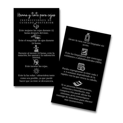 SPANISH Brow Tint &amp; Henna Aftercare Card | Henna y Tinte Para Cejas | 50 Pack | Size 2x3.5 inches Business Card | Starter Lift Kit with Tint at home diy supplies | Black with White Design