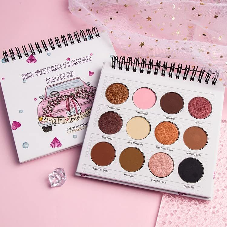 The Wedding Planner Eyeshadow Palette 12 Shade Matte &amp; Shimmer ProfessionalBeginner Eyeshadow Palette, Metallic Highly Pigmented, Blendable Eye Shadow, Cruelty- Free, Heart Mirror Compact