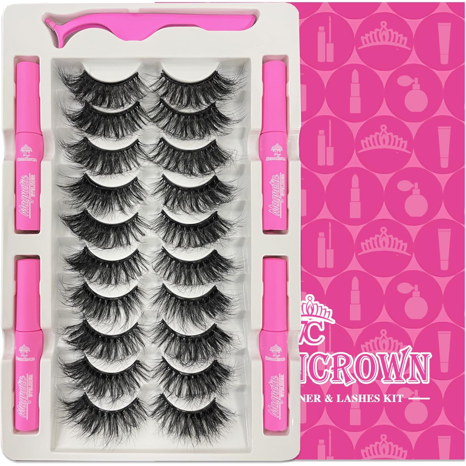 7C SevenCrown Magnetic Eyelashes with Eyeliner Kit, Fluffy Mink Lashes Cat-Eye Look 18-21MM Wispy Long 8D Luxury Volume Fake Eyelash 10 Pairs Cruelty-Free&amp;Vegan