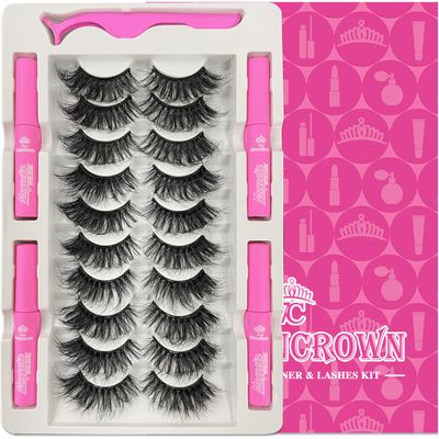 7C SevenCrown Magnetic Eyelashes with Eyeliner Kit, Fluffy Mink Lashes Cat-Eye Look 18-21MM Wispy Long 8D Luxury Volume Fake Eyelash 10 Pairs Cruelty-Free&amp;Vegan