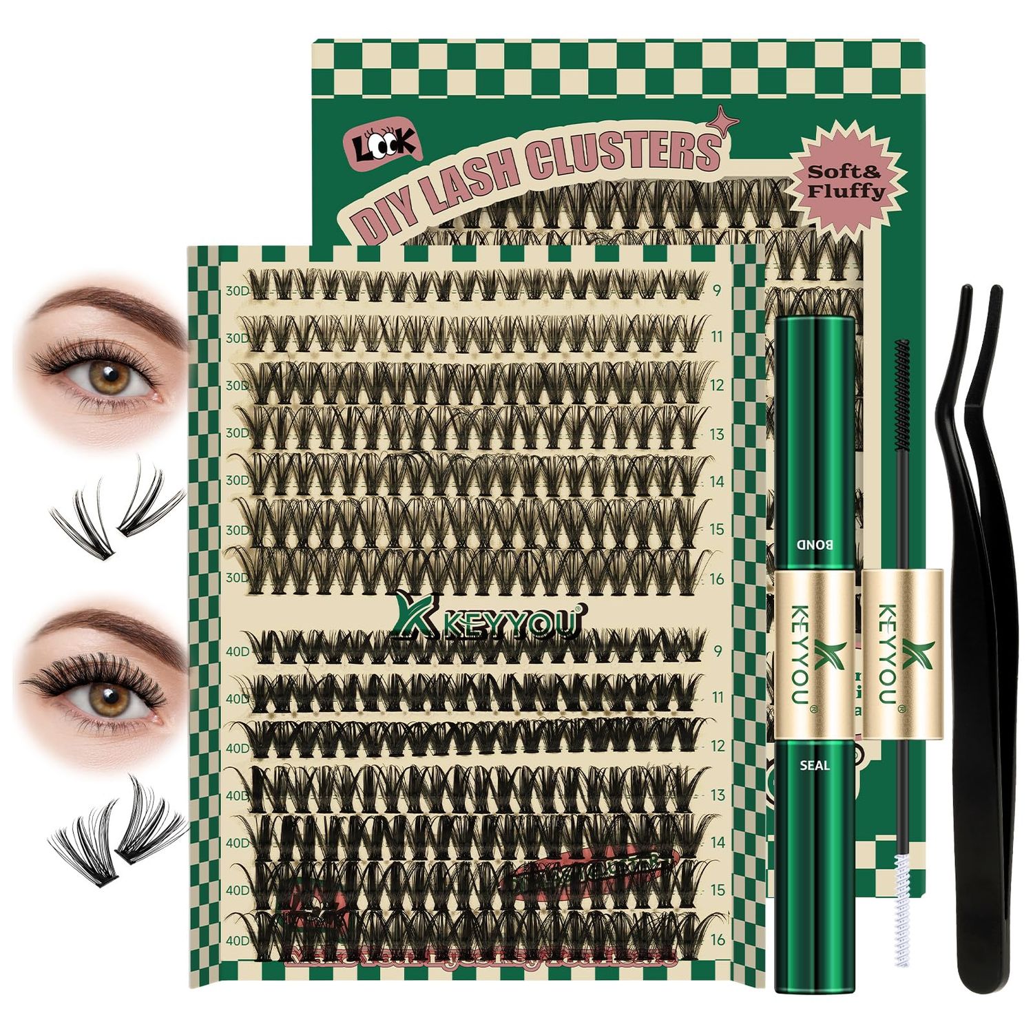 DIY Lash Extension Kit 280pcs Individual Lashes D Curl Eyelash Extension Kit KEYYOU 30D40D 9-16Mix Lash Clusters with Lash Bond and Seal and Lash Applicator for DIY at Home(KIT-30D40D-0.07D-9-16Mix)