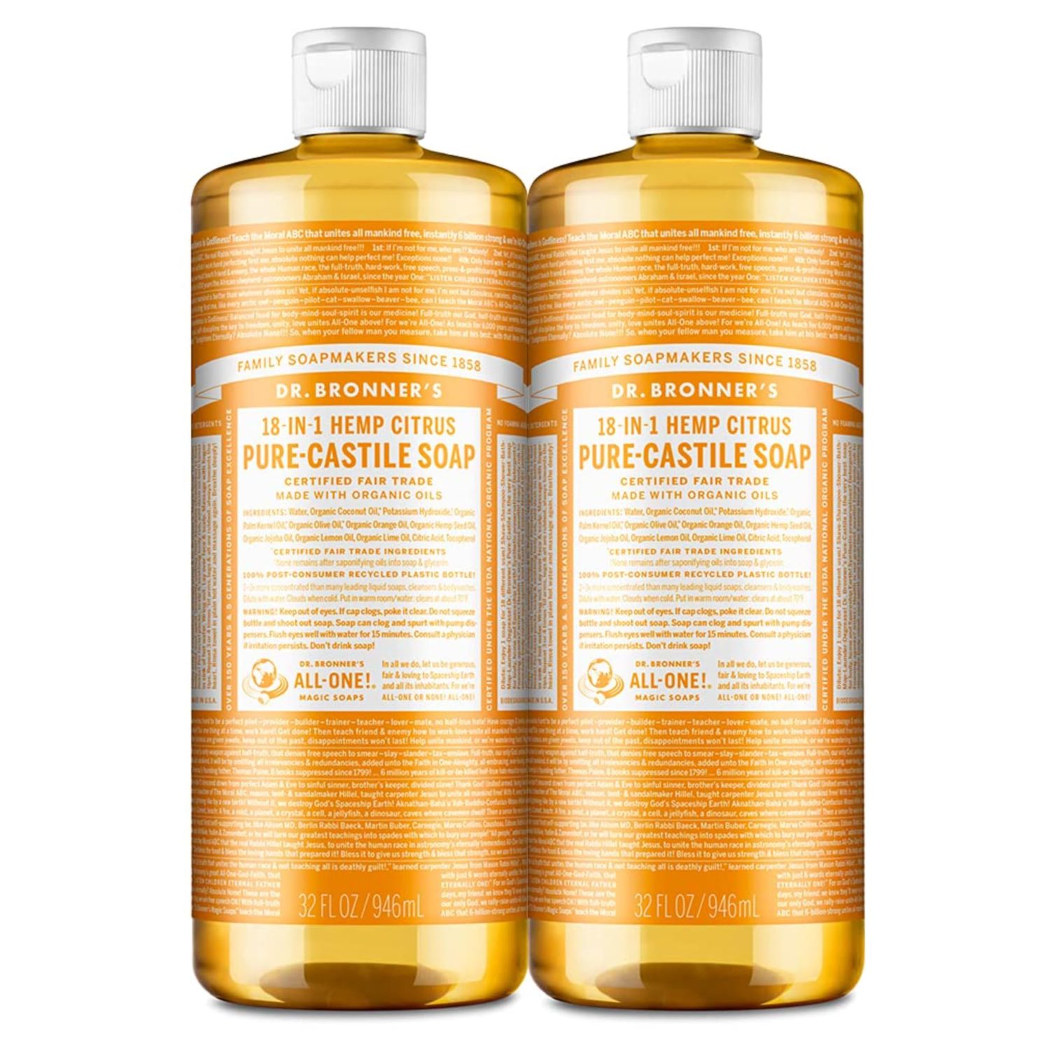 Dr. Bronner&#39;s - Pure-Castile Liquid Soap (Citrus, 32 ounce, 2-Pack) - Made with Organic Oils, 18-in-1 Uses Face, Body, Hair, Laundry, Pets and Dishes, Concentrated, Vegan, Non-GMO