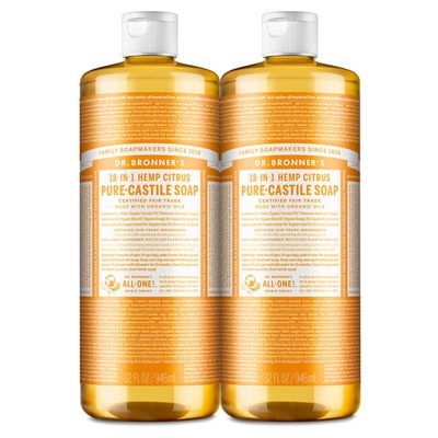 Dr. Bronner&#39;s - Pure-Castile Liquid Soap (Citrus, 32 ounce, 2-Pack) - Made with Organic Oils, 18-in-1 Uses Face, Body, Hair, Laundry, Pets and Dishes, Concentrated, Vegan, Non-GMO