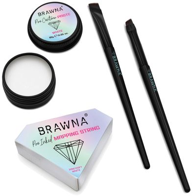 BRAWNA Eyebrow Mapping Kit - 1 Contour White Mapping Paste, 1 White Mapping String, 2 Angled Eyebrow Brush - Brow Mapping Supplies - PMU &amp; Microblading Supply