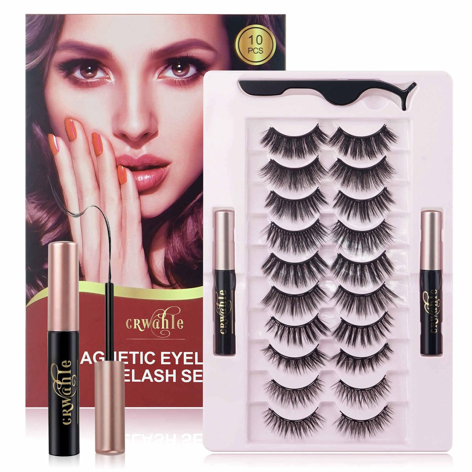 Magnetic Eyelashes Kit  Crwahie 10 Pair Magnetic Lashes with Eyeliner &amp; Tool, 3D Long Lasting Magnetic Eyelashes Natural Look Reusable Sweatproof False Eyelashes, Easy to Wear, No Glue Needed