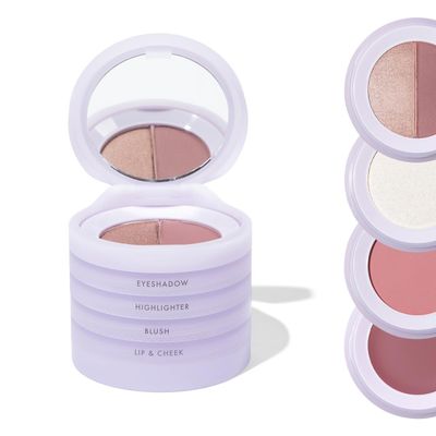 4-in-1 Travel Makeup Kit by Subtl Beauty | Highlighter, Blush, Eyeshadow Duo, Lip &amp; Cheek Tint | Free Mirror &amp; Brush | Stackable for Travel