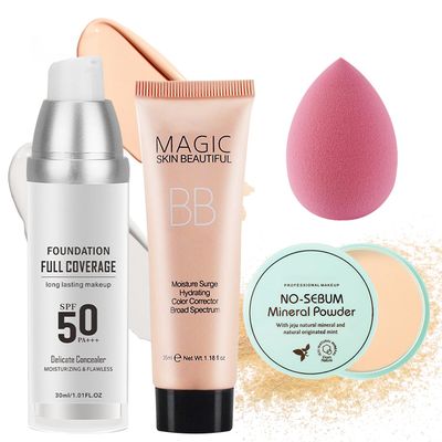 Color Changing Foundation Set with Makeup Sponge,Flawless Non-greasy Full Coverage Liquid Foundation &amp; Loose Setting Face Powder Makeup Base,Moisturizing Concealer BB Cream for All Skin Tone4PCS