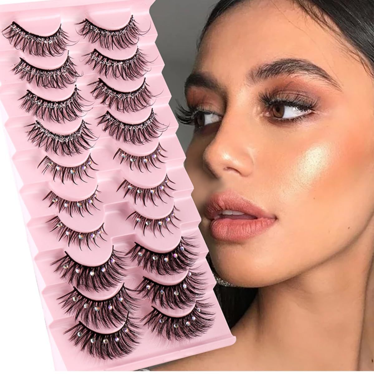 False Eyelashes Natural Rhinestone Diamond False Eyelashes for Makeup Fluffy Cat Eye Lashes Curly Lash Extensions - Easy Application-Bling