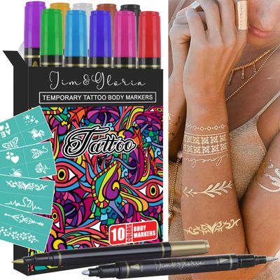 Jim&amp;Gloria Body Art Tattoo Pen Dual Tip 10 Colors with GOLD &amp; SILVER Skin Paint Markers for Kids Adults, Face Painting Kit Gifts for Teenage Girl, Teen Girls Trendy Stuff 8 9 10 11 12 13 14 Years Old