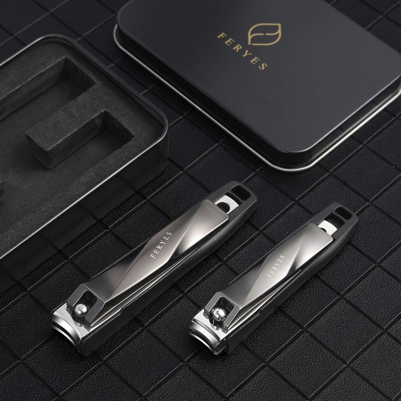 FERYES Nail Clippers with Catcher 2 PCS Set, No Splash Fingernail Clipper and Toenail Clipper, Stainless Steel Nail Cutters - WBlack Metal Case Packing